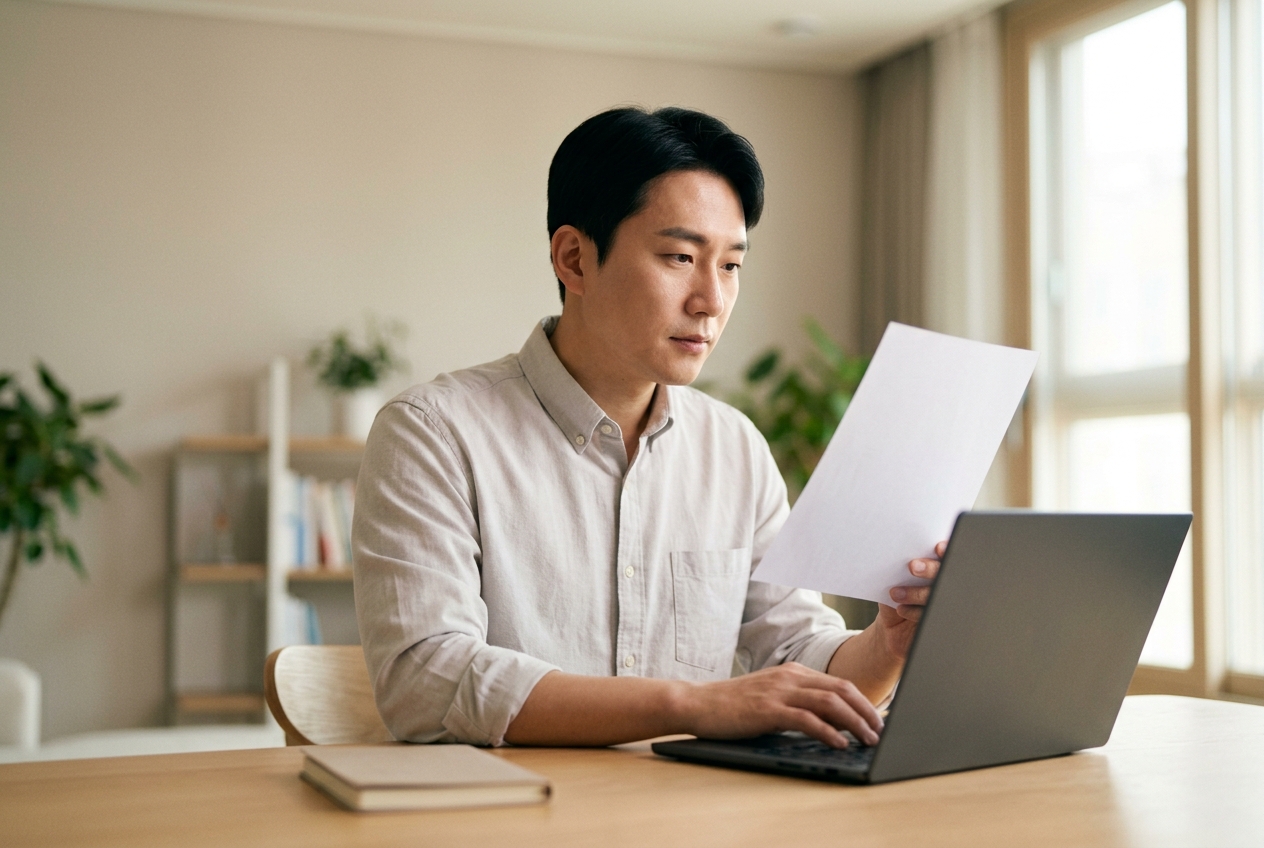 노트북 앞에서 인쇄된 체크리스트를 함께 검토하는 운전자