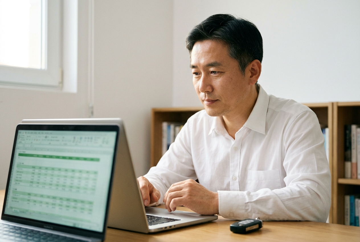 노트북으로 자동차보험 갱신 등급을 확인하는 40대 한국 남성